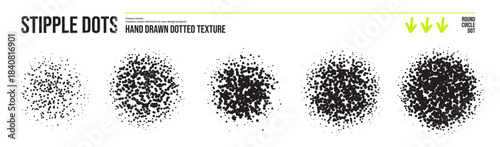Dissolve spray paint circles and dots with dust stipple effect. Hand drawn abstract stipple powder effect. Spraypaint dots, spots and overlay particles. Halftone airbrush effect circles.