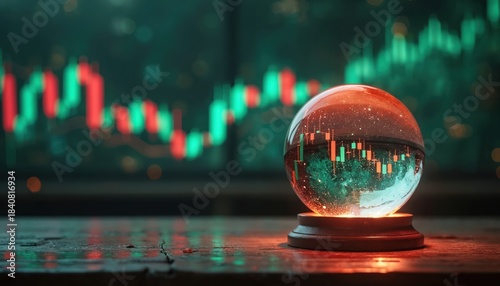 Crystal ball shows stock market charts with red and green candles. Glowing orb reflects trading data on a dark background. Future finance trends visualized.