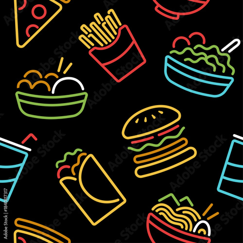 Neon fast food seamless vector pattern. Repeating pattern with minimal line art illustration of takeout food. 