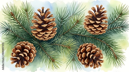 Pine cones and needles watercolor