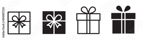 Gift box icons set. Present boxes with ribbon in line and solid styles. Clean minimal holiday gift collection for Christmas, birthdays and celebrations - stock vector