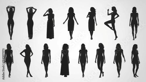 A diverse collection of elegant female silhouettes showcasing various stylish poses and body types, perfect for design projects and fashion illustrations.