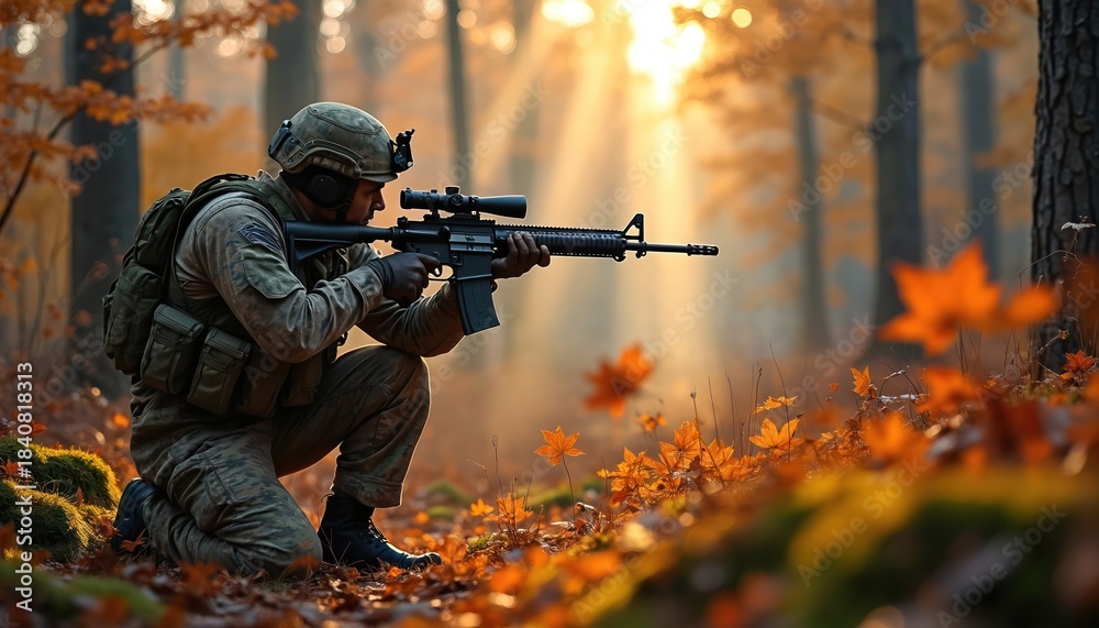Fototapeta premium Soldier in camo kneels aiming rifle in autumn forest during sunset. Sunbeams filter through trees illuminating fall leaves on ground. Military personnel on patrol.