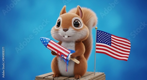 A cheerful cartoon squirrel holds an American flag-themed popsicle, with a small flagpole standing nearby, against a bright blue backdrop.