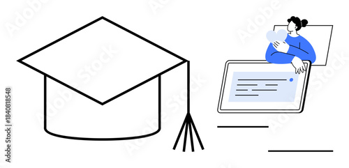Online education. Graduation cap and person engaging with online learning resources highlight online education. Online education s modern learning, digital connectivity, and innovation. For teaching