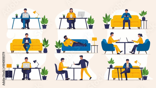A vibrant collection of illustrations depicting diverse individuals engaged in flexible remote work, using laptops and phones in various settings.