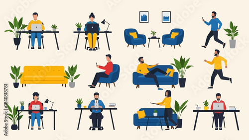 A vibrant collection of flat vector illustrations portrays people working remotely, relaxing at home, and engaging in daily activities.