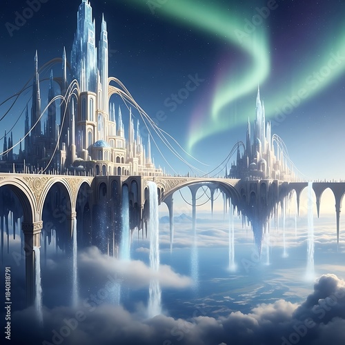 A magnificent, floating city, suspended between clouds, is bathed in the ethereal glow of the aurora borealis.