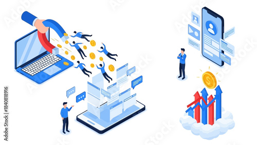Modern isometric illustration detailing digital marketing strategies for customer acquisition, online engagement, and achieving significant business growth.