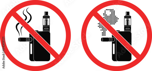 Pair of universal circular prohibition signs for 'No Vaping' or 'No E-Cigarettes', clearly showing a banned vapor device with both smooth and pixelated vapor symbols.