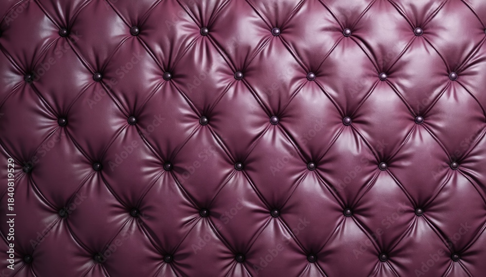 Naklejka premium Plush purple leather with diamond tufting, dark buttons forms rich background. Textured material covers furniture like headboards, sofas, walls. Classic quilted look adds luxury, depth. Deep jewel
