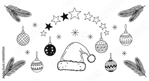 Festive Christmas Elements - Ornaments, Stars, Hat, and Pine Branches.