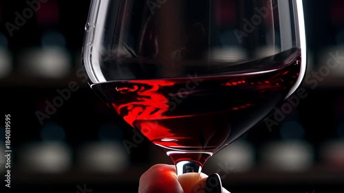 Close-up of a hand holding a glass of red wine in a dimly lit cellar