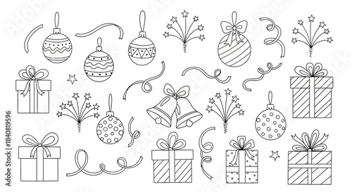Festive Christmas Ornaments and Gifts - Hand-Drawn Line Art Collection.
