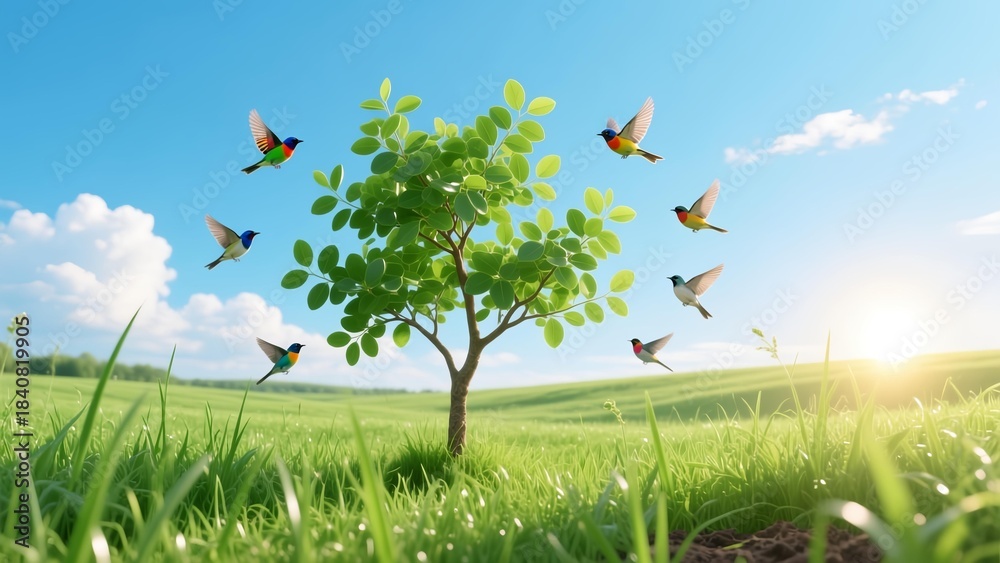 Naklejka premium Colorful Hummingbirds Around a Lush Tree in a Bright Green Field