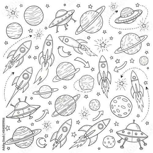 Hand drawn space objects collection with rockets planets and stars.