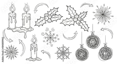 Hand-drawn Christmas and Winter Holiday Elements Set.