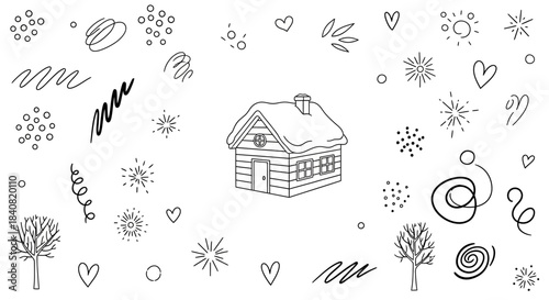 Simple house illustration with snow on the roof and chimney.