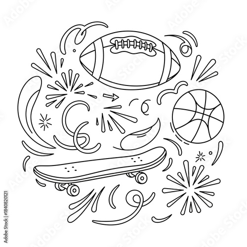 Sports and Recreation Doodle Art with Football Basketball and Skateboard.
