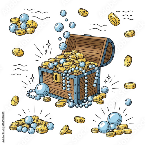 Treasure Chest Overflowing with Gold Coins and Pearls.