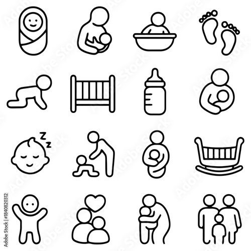 Icons of Parenthood: A collection of simple, yet heartwarming outline illustrations depicting essential aspects of parenthood and early childhood.