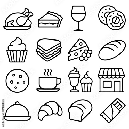 Culinary Delights in Icon Form: A visual feast of classic food icons, each representing a delectable treat. from a freshly baked croissant to a satisfying sandwich.