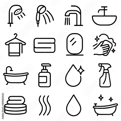 Bathroom Essentials: An organized collection of bathroom equipment, meticulously illustrated with clean lines and a sense of functionality. Displaying key elements of a well-appointed bathroom. 
