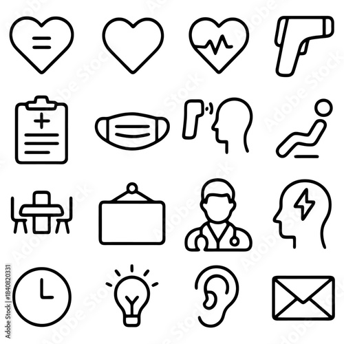 Healthcare Icons: A collection of simple, yet impactful icons, representing various facets of healthcare, from medical instruments to mental wellness.