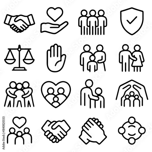 Unity and Harmony: An array of symbolic icons representing the universal values of collaboration, community, and the human connection. Featuring iconic symbols of connection, support, and empathy. 