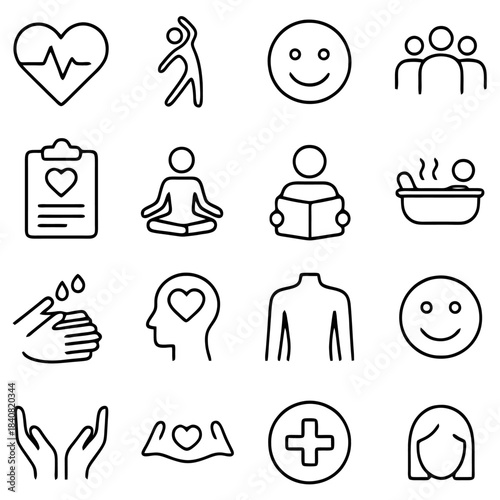 Wellness Icons: A collection of wellness-themed icons, representing diverse aspects of a healthy lifestyle, ideal for illustrating concepts related to well-being and self-care.