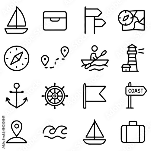 Exploration Essentials: Set of minimalistic icons related to travel and exploration on isolated background. The icons feature various elements like a sailboat, compass, map, signposts and more. 