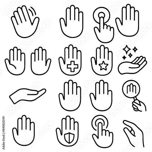 Hand Gestures Icons: A collection of various hand gesture icons is presented, each depicting distinct movements and actions in a simple line art style.