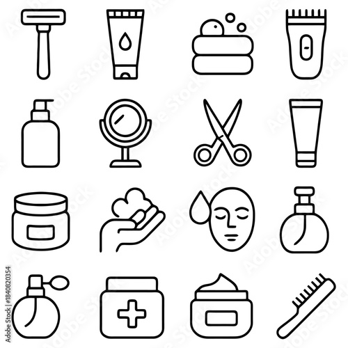 Beauty Essentials Icons: A collection of various beauty and grooming product icons, designed with clean lines and simplicity, showcasing items essential for a daily self-care routine.