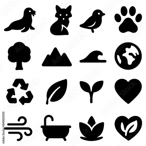 Eco-Friendly Symbols: A collection of ecological icons representing nature conservation, environmental protection, and sustainable living, featuring a diverse range of symbols.