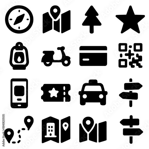 Navigation Essentials: A collection of simple, black icons representing essential travel and navigation tools, offering a visual guide to planning, exploration, and direction.