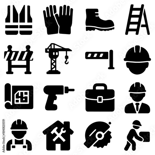 Construction Tools Icon Set: A comprehensive collection of iconic construction tools and equipment, essential for any building project or industry-related design. Representing safety, building.