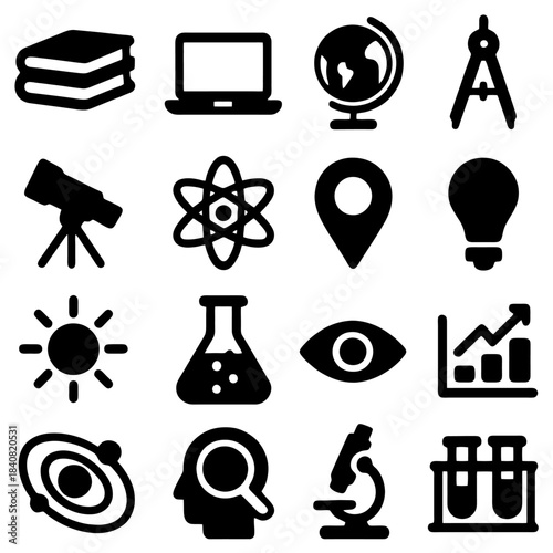 Academic icons and research symbols: a collection of precisely designed, visually coherent icons that reflect the world of academics and research. These symbols, ideal for projects involving science.