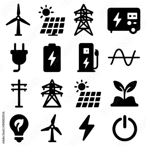 Eco-Friendly Energy Icons: Collection of graphical representations showcases renewable energy sources, electrical power infrastructure and the promise of sustainable future.