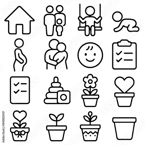 Family and Home Icon Set: A comprehensive collection of minimalistic icons representing family, home, growth, and love, ideal for design elements and concept visualization.