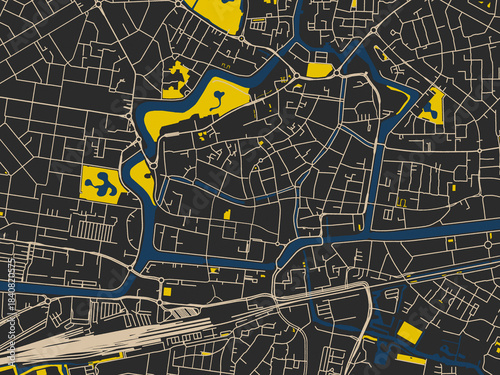 Tablou pe pânză Modern graphic street map of Leeuwarden Centrum, Netherlands, with near-black ma