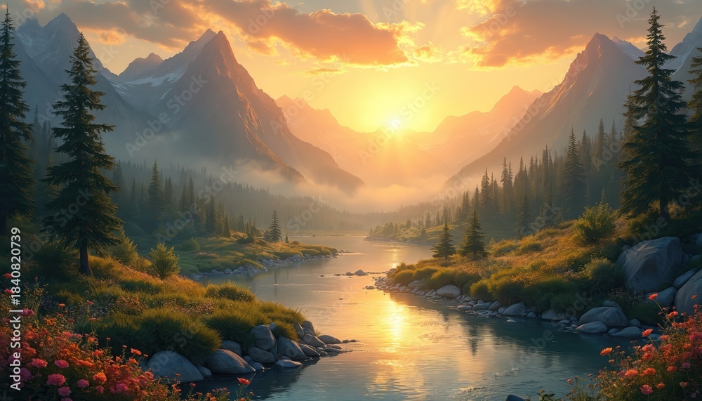 Obraz premium Majestic mountains at sunrise with golden sun rays over misty valley and calm river. Lush green forest and colorful flowers line riverbank. Serene landscape evokes peace and tranquility.
