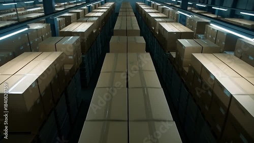 Aisle of stacked cardboard boxes in a large warehouse storage facility at night