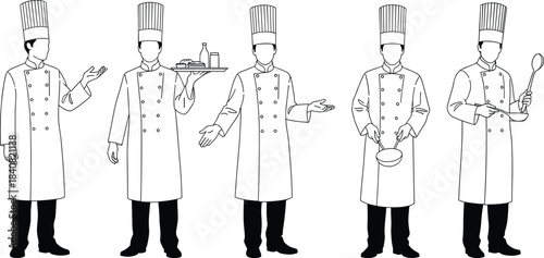 Chef illustration set, professional kitchen staff, culinary roles, cooking poses, food preparation, restaurant team, uniformed chefs, vector art, kitchen concept