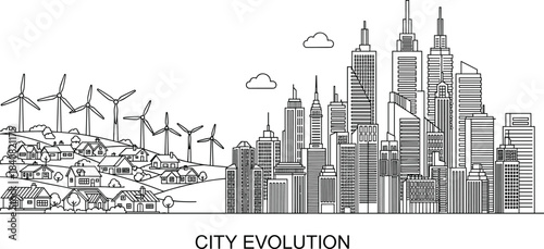 City evolution landscape showing rural village with wind turbines transitioning into modern urban skyline, sustainable development and future urbanization illustration