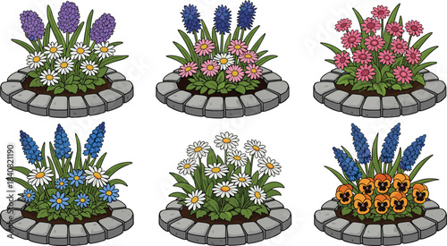 Circular flower bed vector set, colorful garden illustration, hyacinths daisies pansies, stone border design, botanical landscaping elements