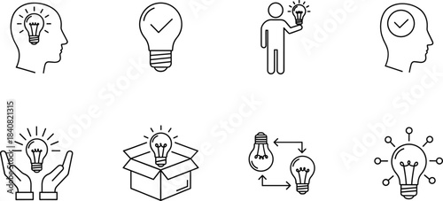 Set of black outline icons symbolizing new ideas, successful solutions, creative thinking, and innovation,