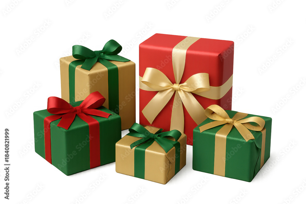 Fototapeta premium Christmas presents collection with red, green, and gold gift boxes, celebrating holidays, birthdays, and special occasions