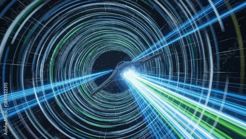 Spaceship hurtling through a vibrant neon wormhole, interstellar travel concept