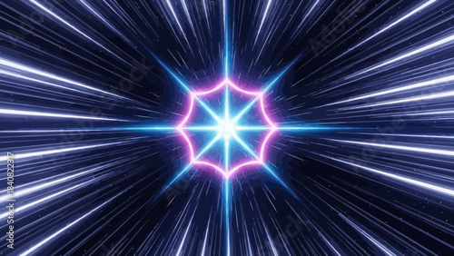 Hyperdrive speed through digital space tunnel with geometric portal effect