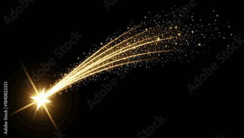 Golden magical comet illustration on black background perfect for designs